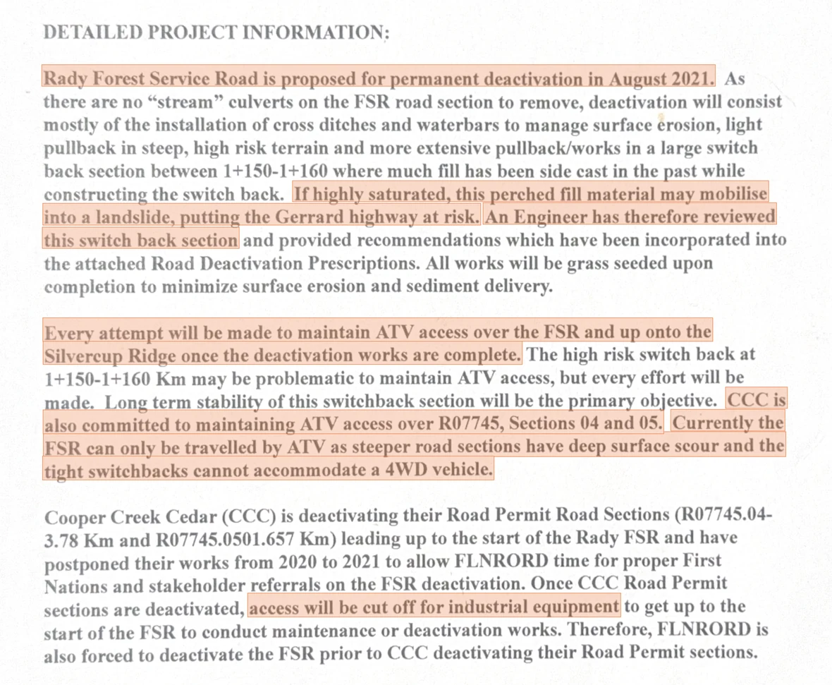 Extract from the 27 April 2021 Consultation Request Intake Form, with three passages highlighted: the promise to maintain ATV access, Cooper Creek Cedar's commitment to maintain ATV access over its own sections, and the statement that access will be cut off for industrial equipment