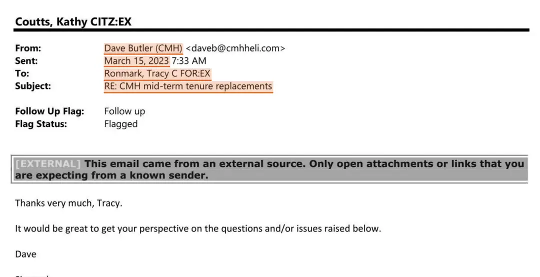 Email: Dave Butler, CMH → Tracy Ronmark, Director of Authorizations, Ministry of Forests · 15 March 2023
