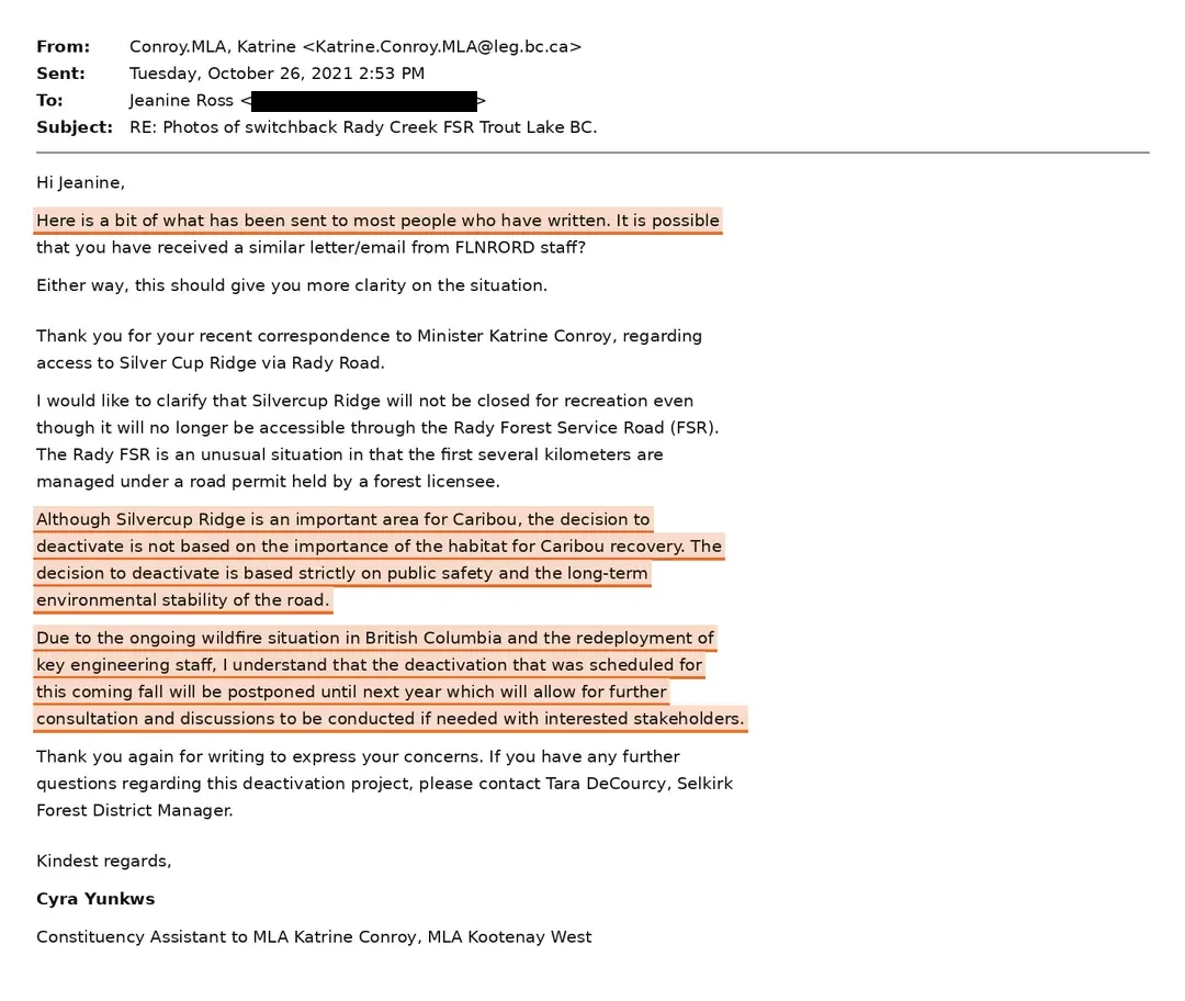 Email: Constituency office of Hon. Katrine Conroy to Jeanine Ross, 26 October 2021