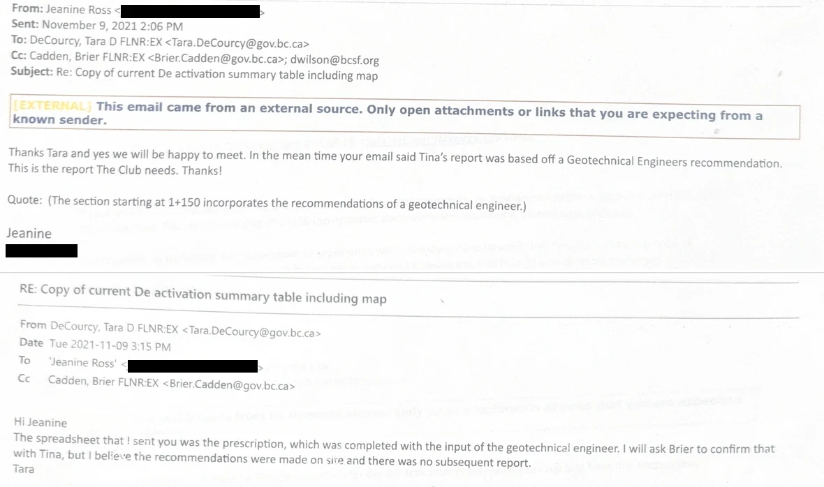 Email: Tara DeCourcy to Jeanine Ross, 9 November 2021, on the geotechnical report