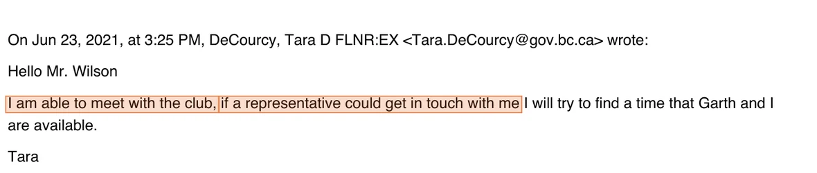 Email from Tara DeCourcy on 23 June 2021 at 3:25 pm: I am able to meet with the club, if a representative could get in touch with me I will try to find a time that Garth and I are available