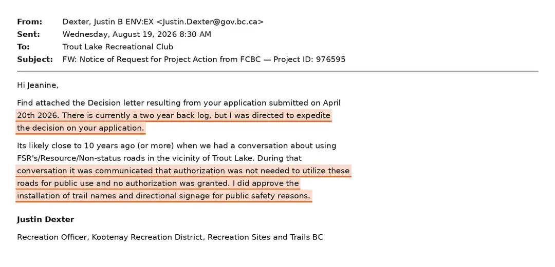 Email: Justin Dexter, District Recreation Officer, Recreation Sites and Trails BC → Trout Lake Recreational Club · 19 August 2026