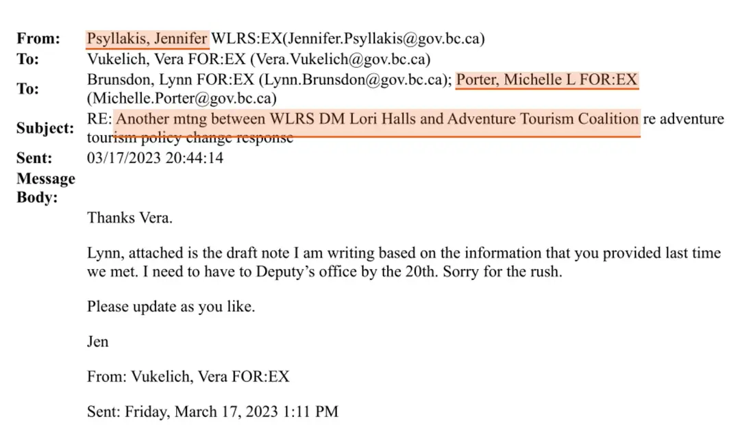 Email: Jennifer Psyllakis, WLRS → Vera Vukelich, Lynn Brunsdon, Michelle Porter, Ministry of Forests · 17 March 2023
