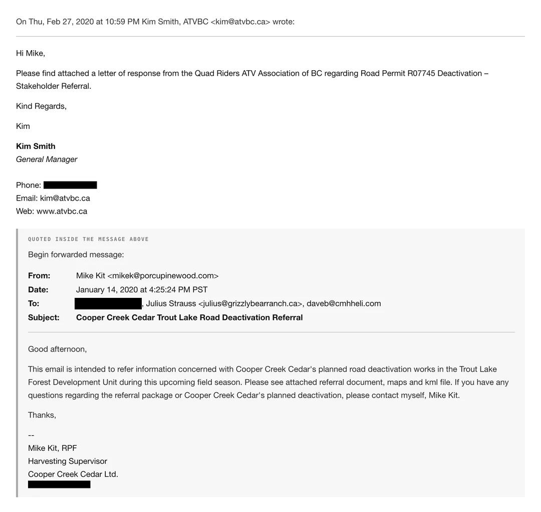 Email of 27 February 2020 from Kim Smith, General Manager of the Quad Riders ATV Association of BC, to Mike Kit, attaching the association’s letter of response on Road Permit R07745 deactivation. Quoted beneath it is Mike Kit’s referral of 14 January 2020 for Cooper Creek Cedar, addressed to three recipients.