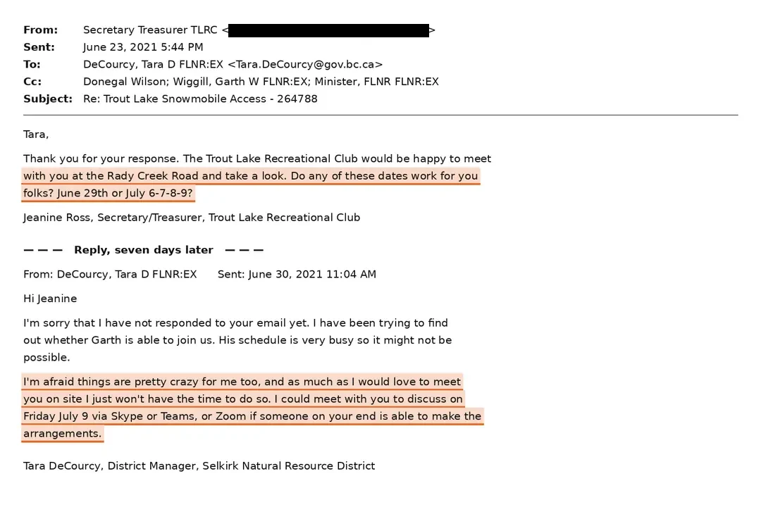Email: Trout Lake Recreational Club → Tara DeCourcy, District Manager, Selkirk Natural Resource District · 23 and 30 June 2021