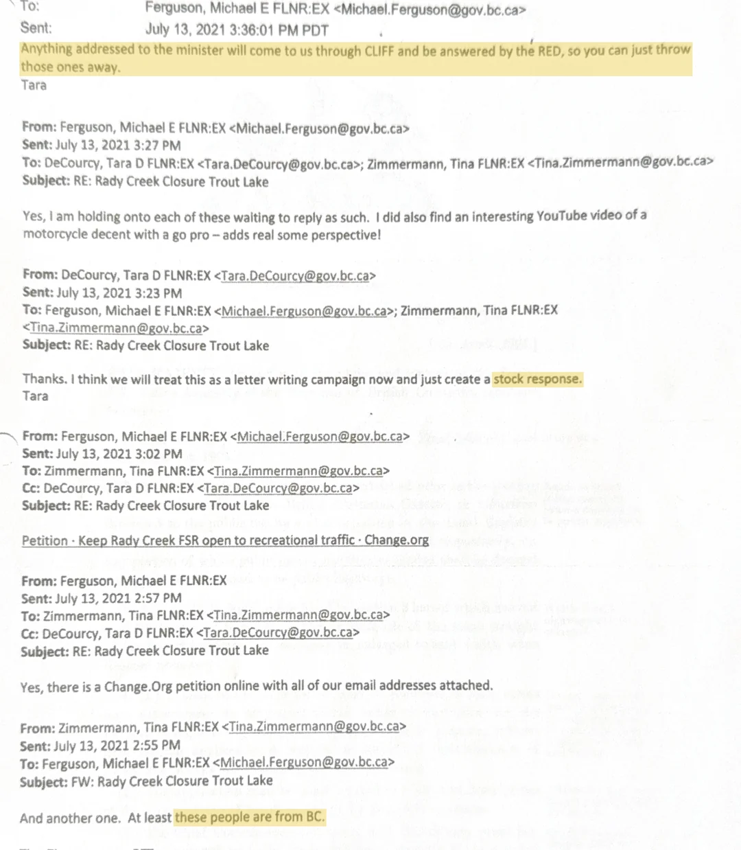 Email: Selkirk Resource District staff · 13 July 2021 · released at pages 428–429 of 1410