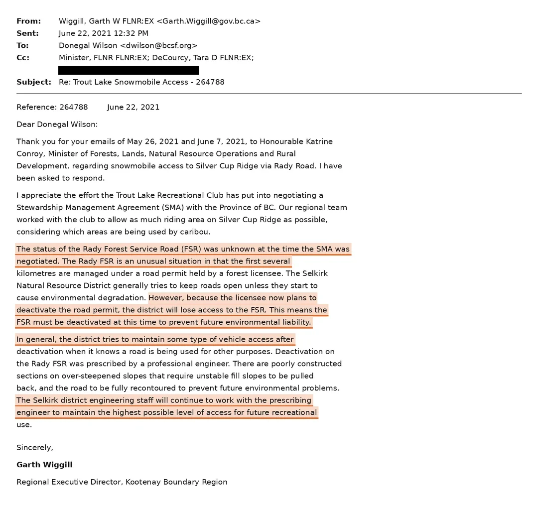 Email: Garth Wiggill, Regional Executive Director, Kootenay Boundary → Donegal Wilson, BC Snowmobile Federation · 22 June 2021 · Ref 264788