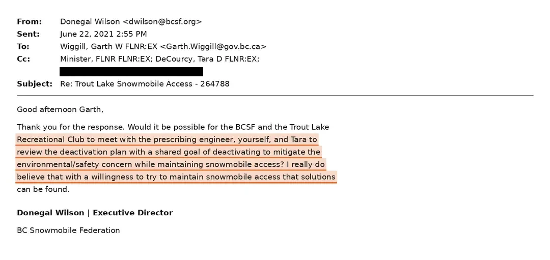 Email: Donegal Wilson, Executive Director, BC Snowmobile Federation → Garth Wiggill · 22 June 2021