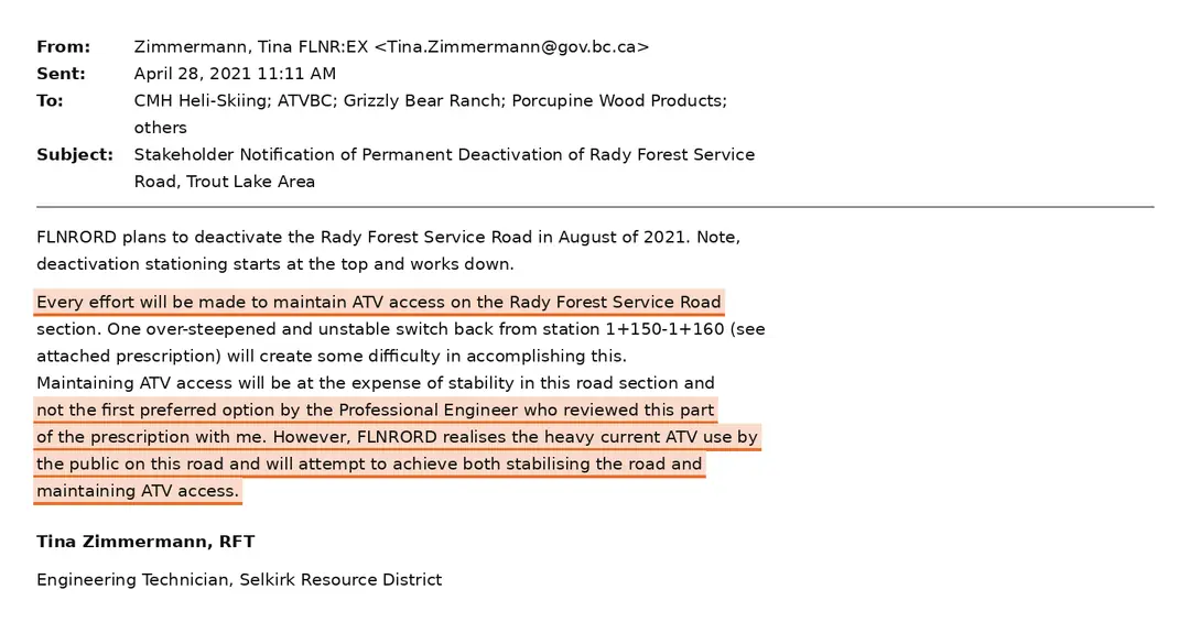Tina Zimmermann, RFT, Engineering Technician, Selkirk Resource District → stakeholders · 28 April 2021