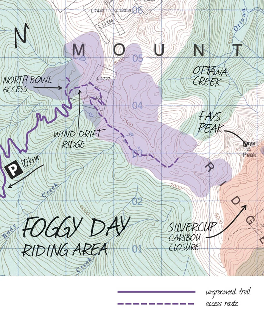 Riding-area map of Foggy Day near Trout Lake, showing Rady Creek down the left side with a parking marker 10 km along it, the ungroomed trail and access route, and the Silvercup caribou closure to the east
