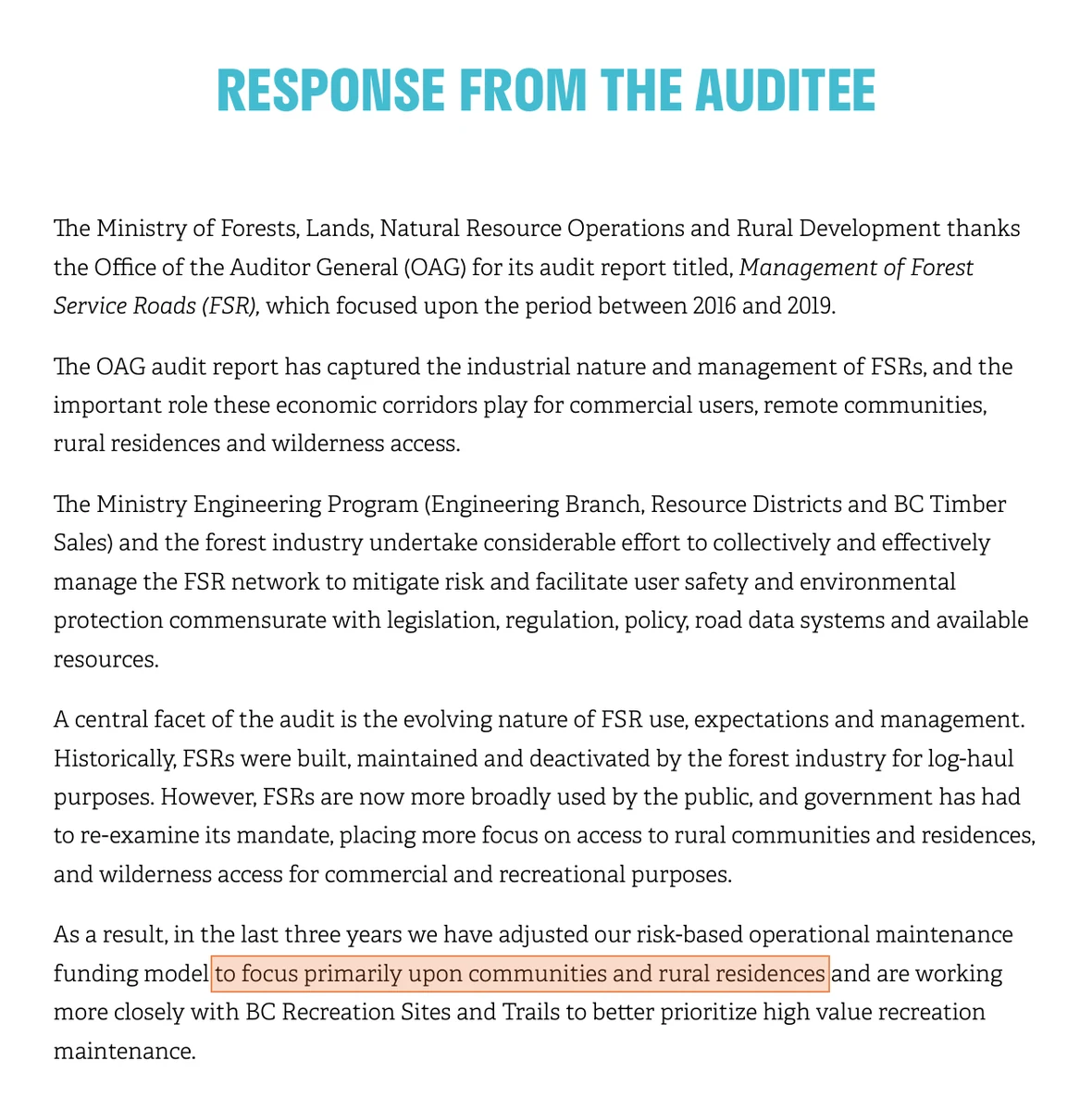 The Ministry's Response from the Auditee in the November 2020 Auditor General report, with the phrase about focusing funding primarily upon communities and rural residences highlighted
