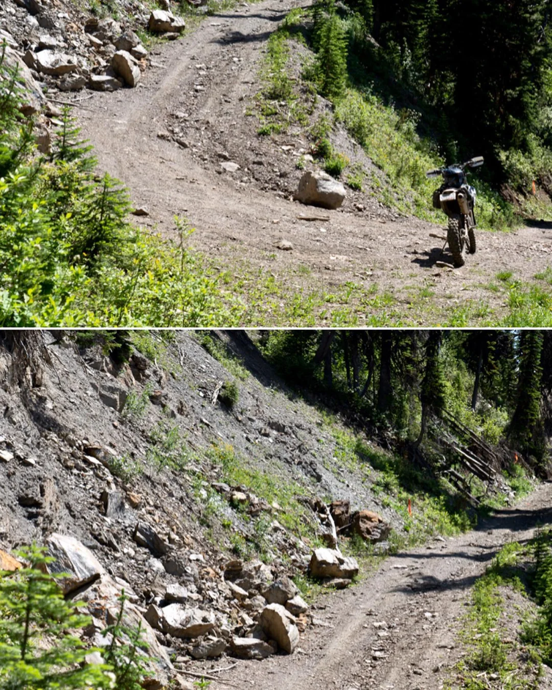 The same switchback: a dual-sport motorbike standing on the road below the rocky cutslope