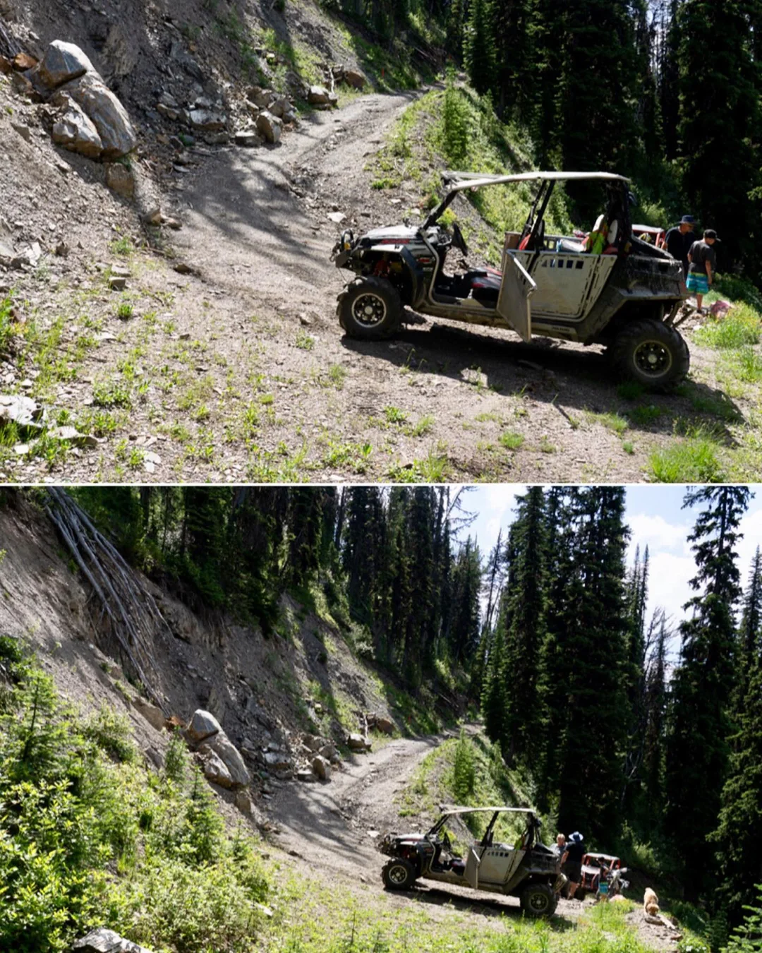The Rady Creek switchback at station 1+150: a side-by-side parked on the road with two people and a dog