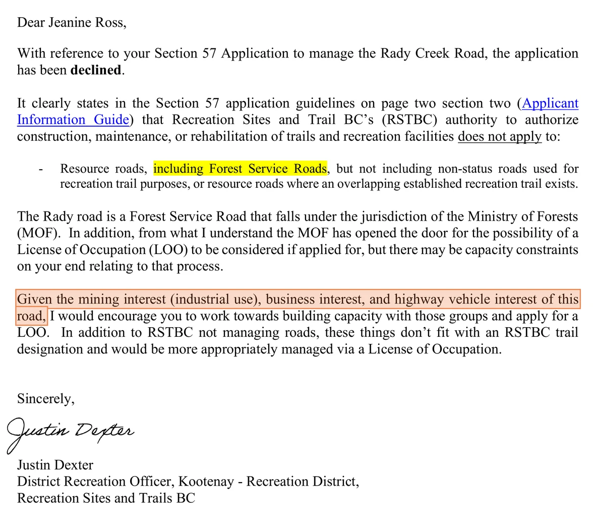 Recreation Sites and Trails BC decision of 19 August 2026 declining the club's Section 57 application, with the phrase about mining, business and highway vehicle interest highlighted