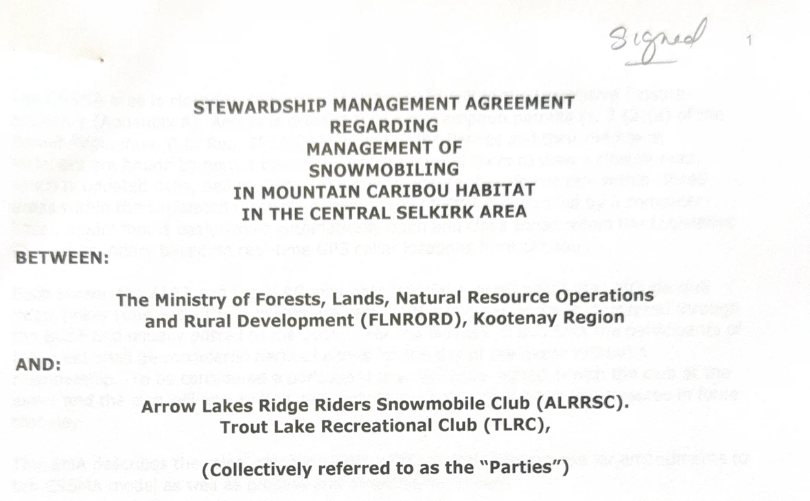 Title page of the Stewardship Management Agreement between FLNRORD Kootenay Region, the Arrow Lakes Ridge Riders Snowmobile Club and the Trout Lake Recreational Club