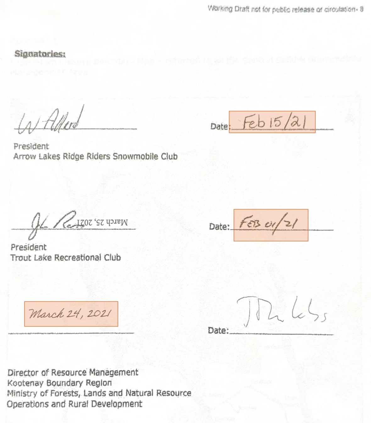 Signature page of the Stewardship Management Agreement showing the two club presidents signing in February 2021 and the Ministry signing on 24 March 2021