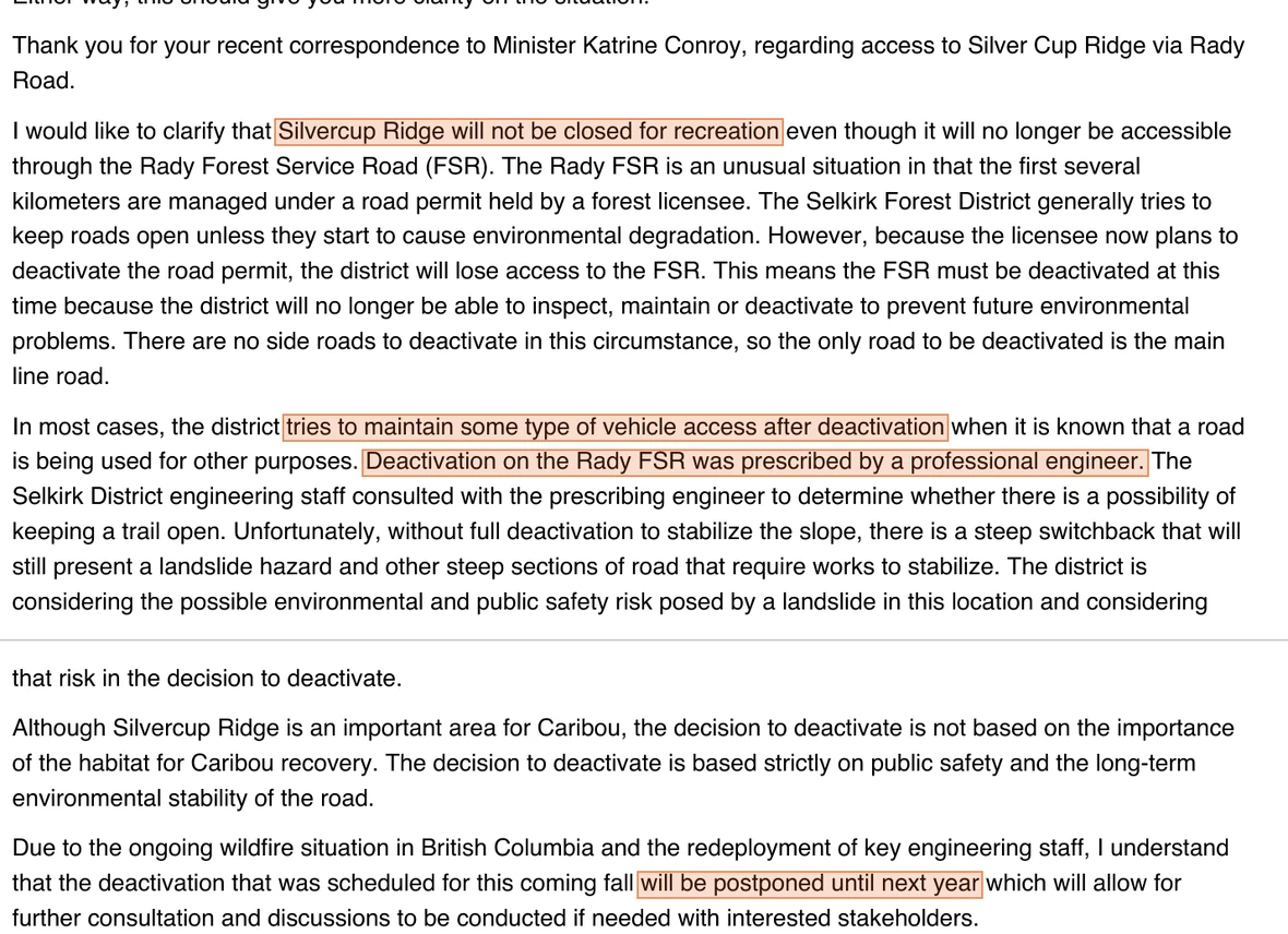 The Ministry's stock response of 26 October 2021, with three passages highlighted: Silvercup Ridge will not be closed for recreation; tries to maintain some type of vehicle access after deactivation; and Deactivation on the Rady FSR was prescribed by a professional engineer
