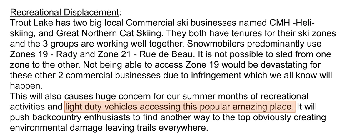 The club's letter of 20 November 2025, Recreational Displacement section, with the phrase about light duty vehicles accessing this popular amazing place highlighted