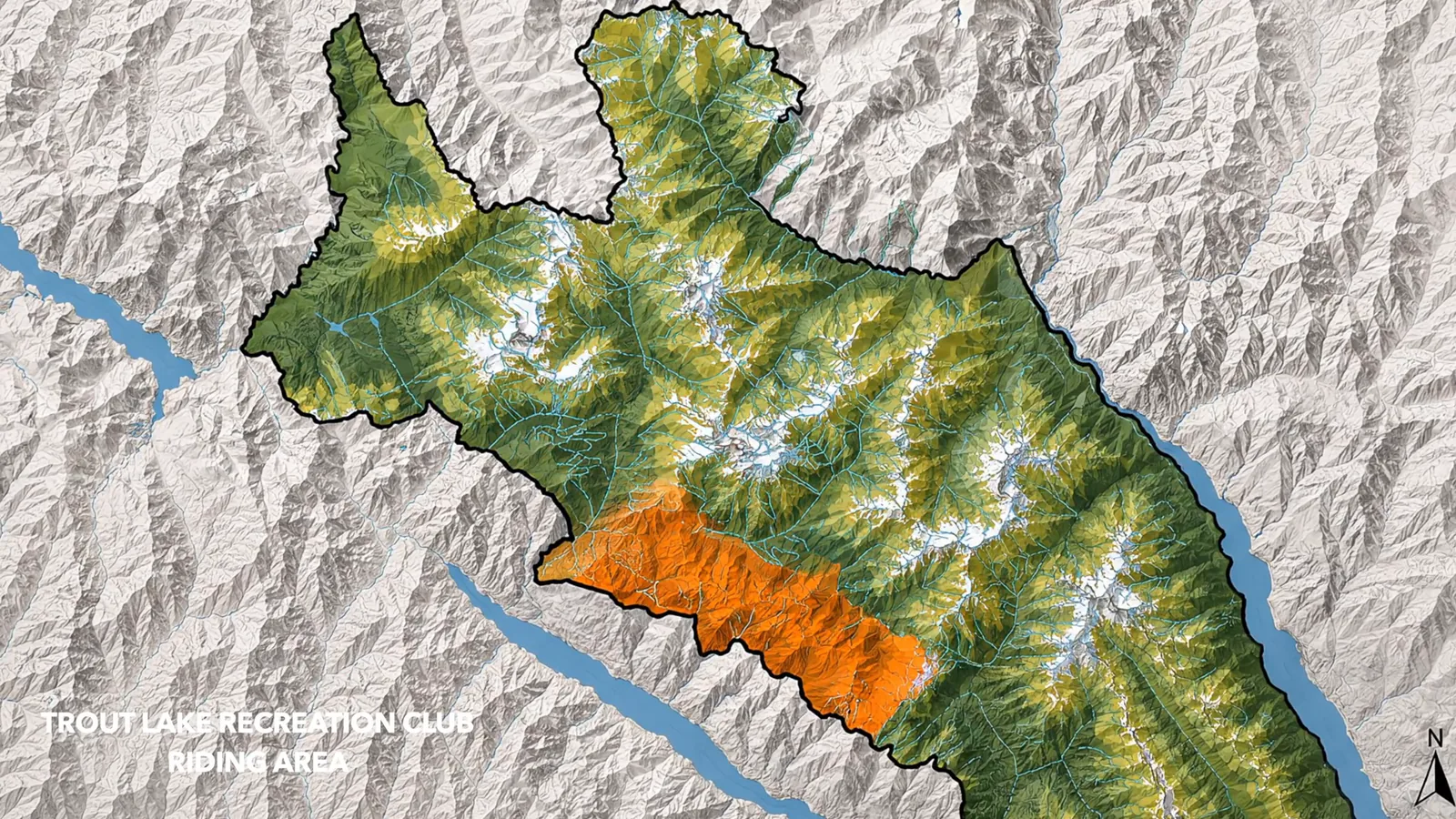 The documentary&rsquo;s map of the Trout Lake Recreation Club riding area at 7:44: the club&rsquo;s former riding area shaded green across the massif, with a much smaller orange area along its southern edge marking what is still open, over shaded relief with Trout Lake down the right-hand side
